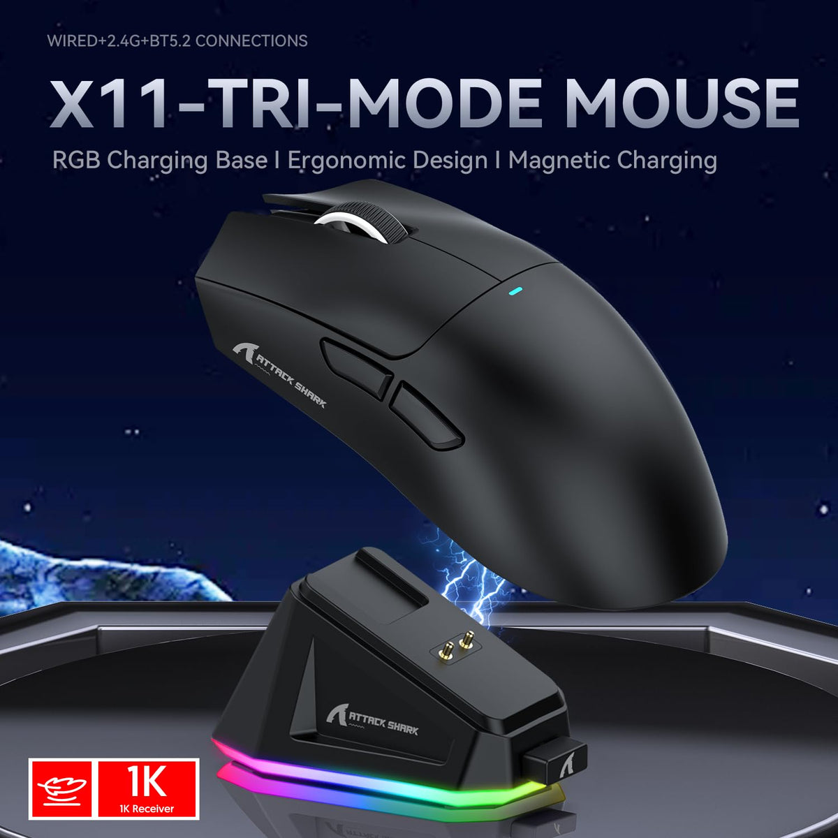 ATTACK SHARK X11 Gaming Mouse with Magnetic Charging Dock, PixArt PAW3311 Gaming Sensor, BT/2.4G Wireless/Wired Gaming Mouse with Mouse Grip Tape, 22000 DPI, Gamer Mice for Win11/Xbox/PS/Mac (Red)