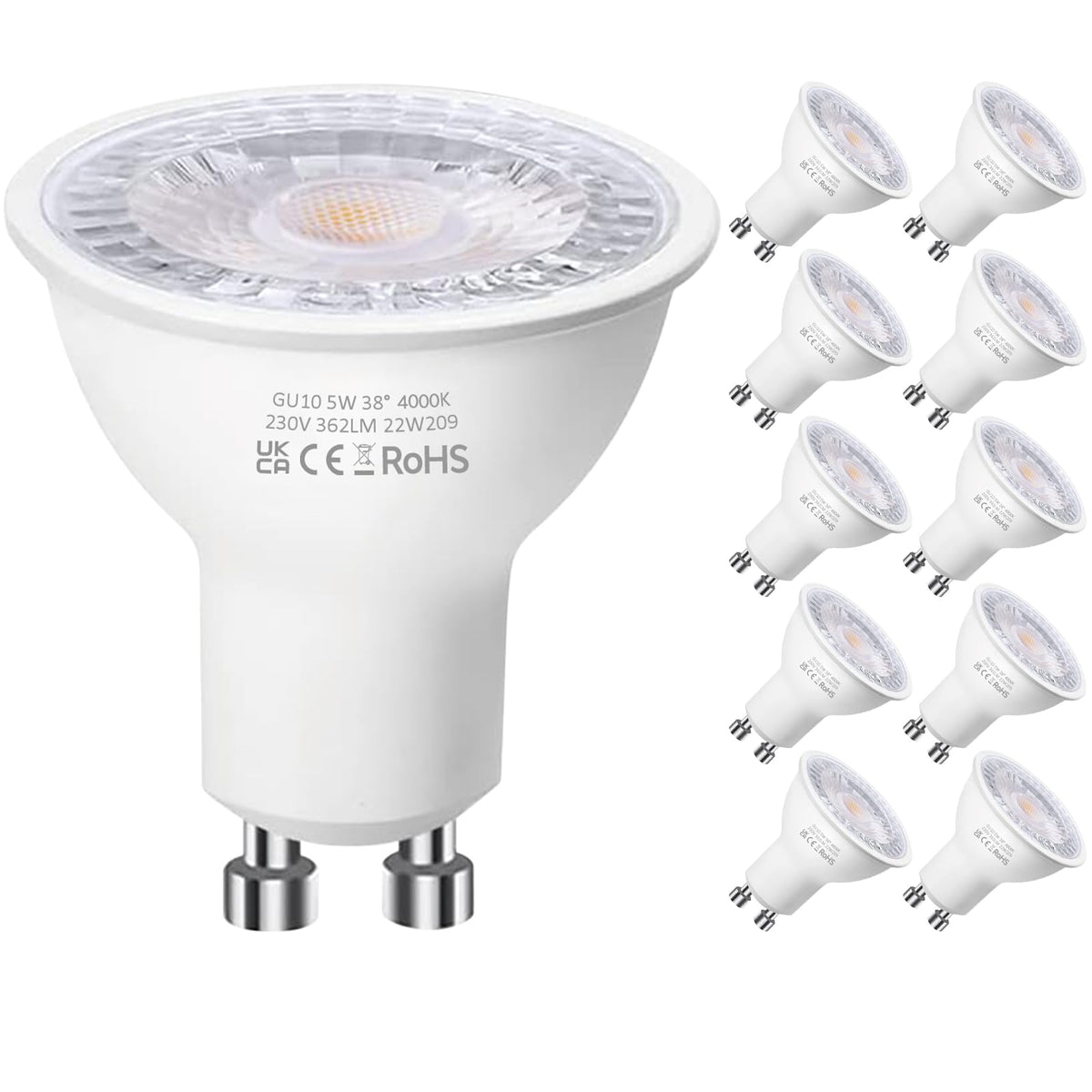 Levidon GU10 LED Bulbs, Warm White 2700K, 5W LED GU10 Spotlight Bulb, 50W Halogen Spotlight Bulbs, 220-240V 362LM 38 Degree Narrow Beam Angle Energy Saving Non-dimmable Pack of 10