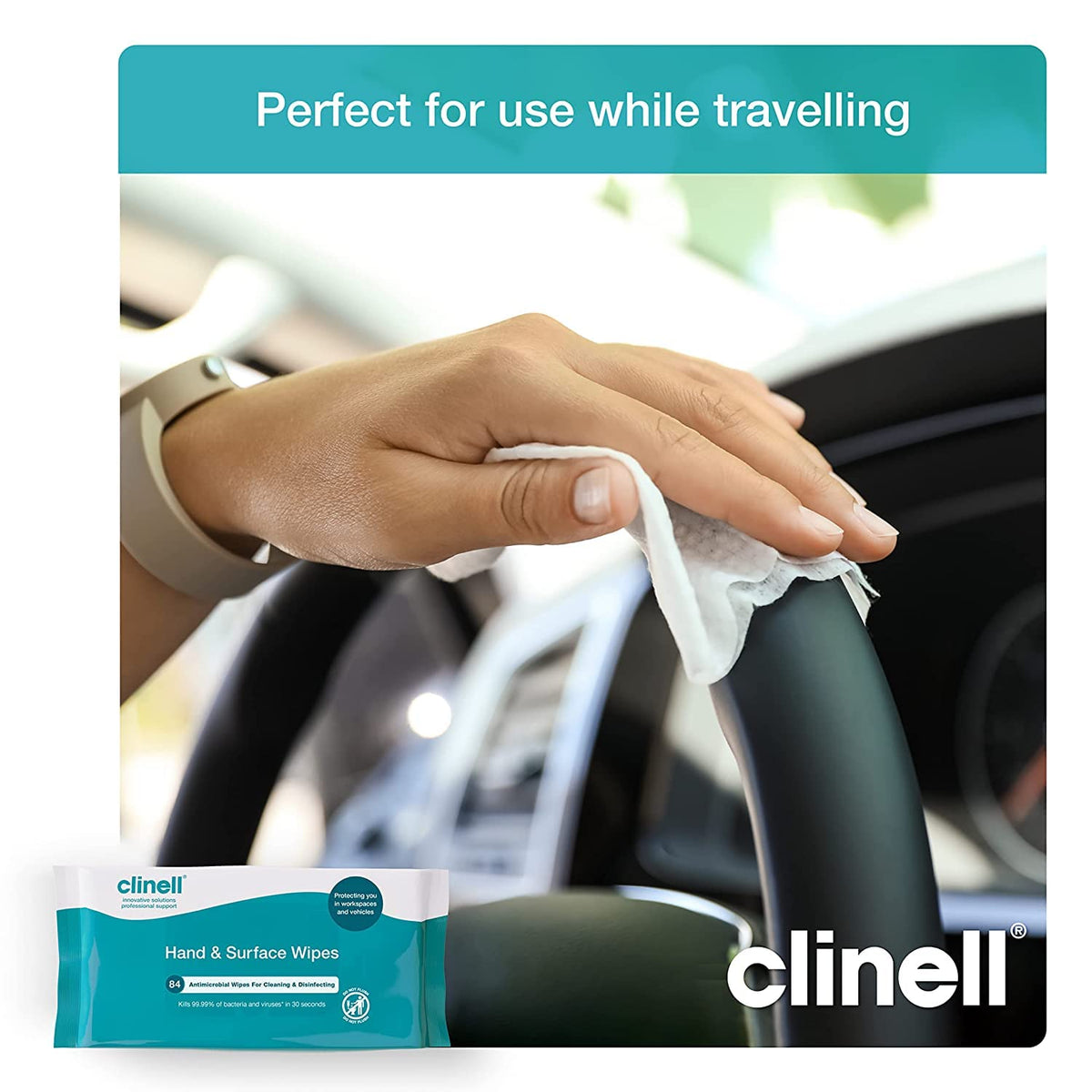 Clinell Antimicrobial Hand Wipes for Cleaning & Disinfecting - Sanitising Wipes, Ideal for Travel - Dermatologically Tested, Kills 99.99% of Bacteria & Viruses - 84 Wipes