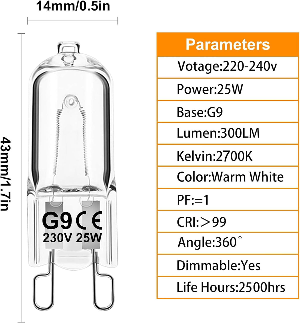 G9 Halogen Light Bulbs, 28W 2700K Warm White 230V Dimmable Capsule Bulbs, Non-Flicker - 12 Pack