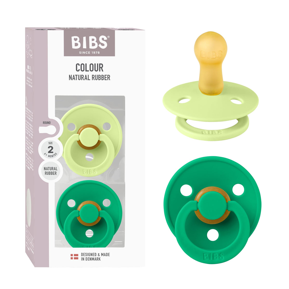 BIBS Colour Soother 2-Pack, BPA Free Dummy Pacifier, Round Nipple. Natural Rubber Latex, Made in Denmark, Size 2 (6-18 Months), Baby Blue