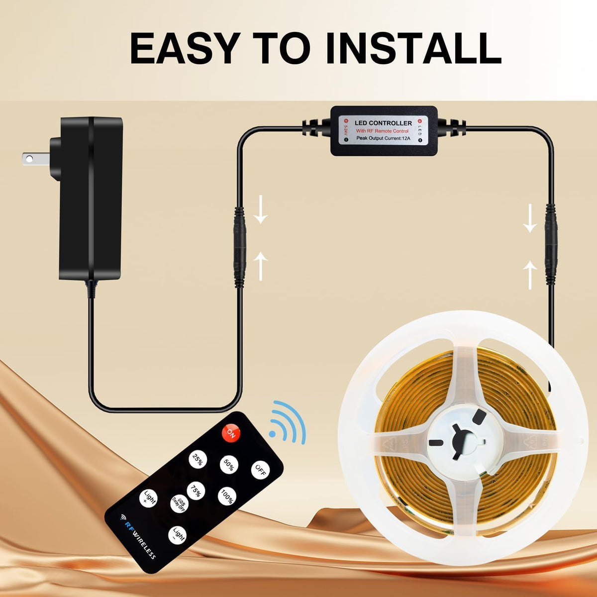 COB LED Strip 7.5m Warm White, 3000K, 24V, Remote Control, 8mm Wide