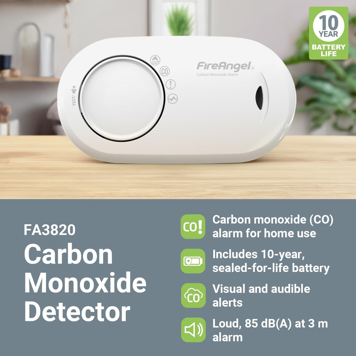 FireAngel FA3820 Portable Carbon Monoxide Detector/Alarm, 10 Year Battery