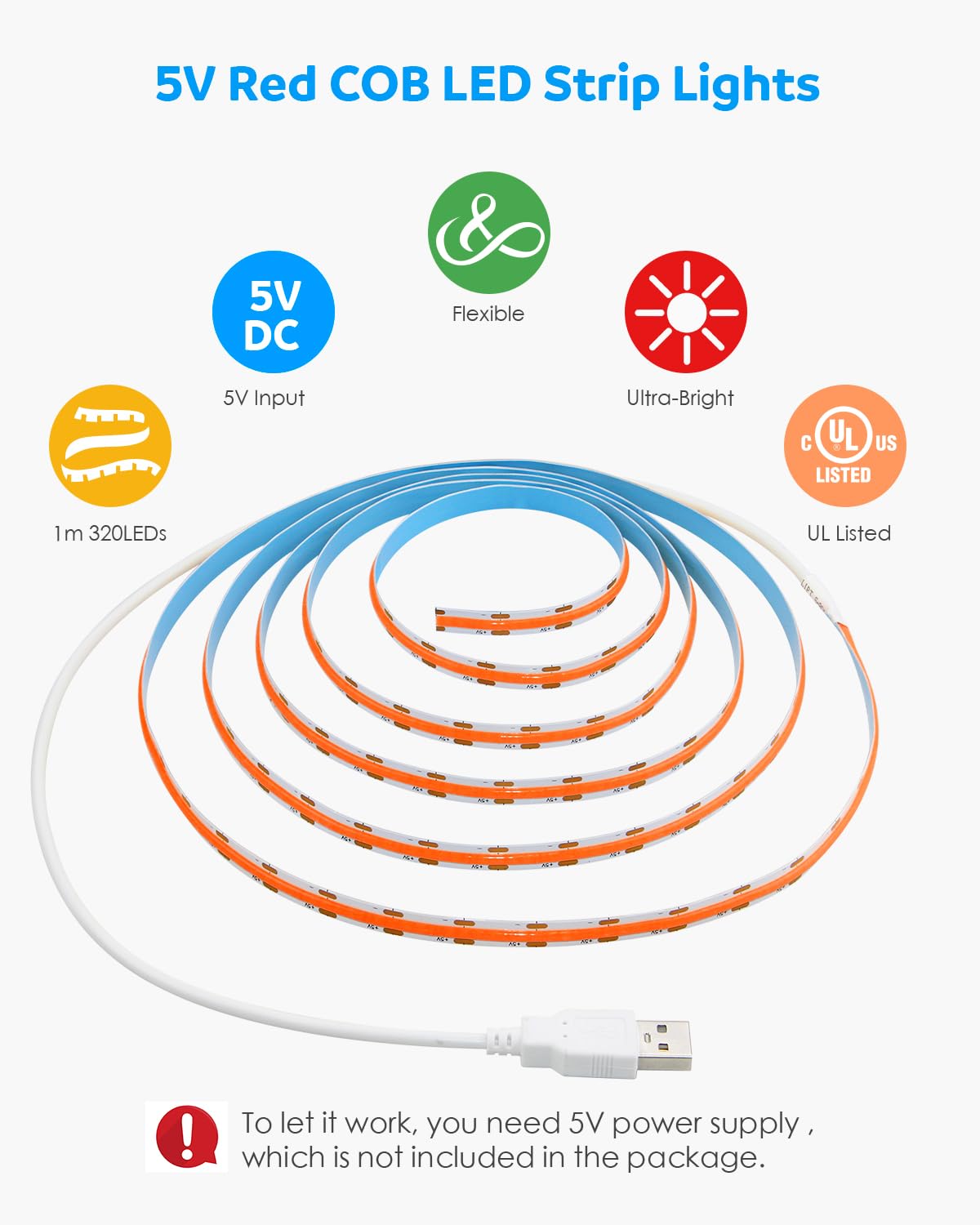 Aclorol 12V Red LED Lights for Bedroom 5M Fleixible COB LED Strip Light