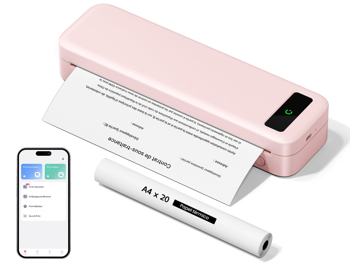 Portable Thermal Printer A4 Inkless Wireless Bluetooth Small Mobile - Black