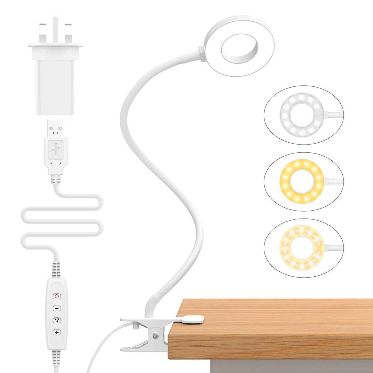 iZELL LED Desk Lamp -【3 Color Modes & 10 Brightness】 Eye Caring Clip on Clamp Light with 70cm Flexible Arm, Book Ring Light with Plug for Home Office, Kids, Reading, Clip on Table, Headboard