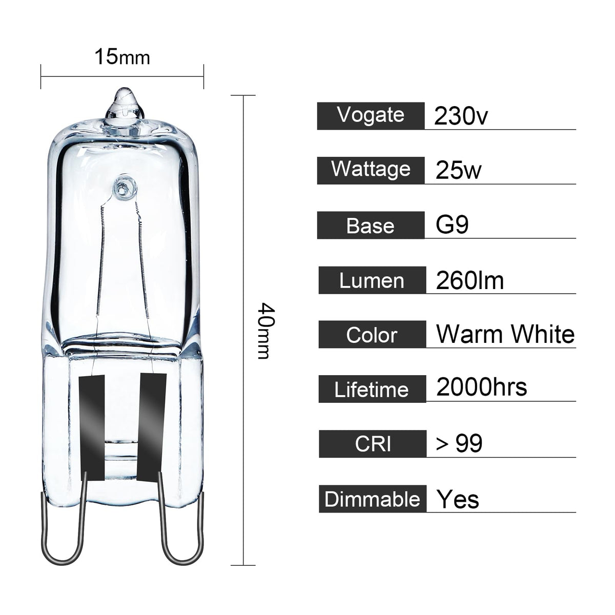 5Pack G9 Halogen Bulbs 230V 33W (34W) 2800K Warm White 450lm Clear G9 Capsule Bulb Dimmable