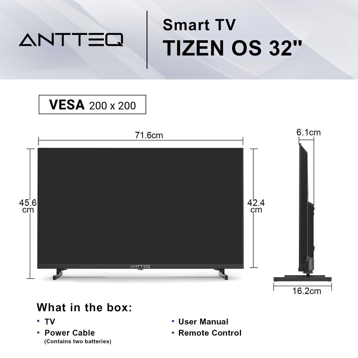 Antteq 32 Inch TV, Central Stand Design TV 720P Freeview HD Dolby Audio DVB T2/S2 LED Television, HDMI USB Media Player Monitor PS5 Xbox, Standard Nonsmart TV Small Screen for Bedroom Kitchen Black