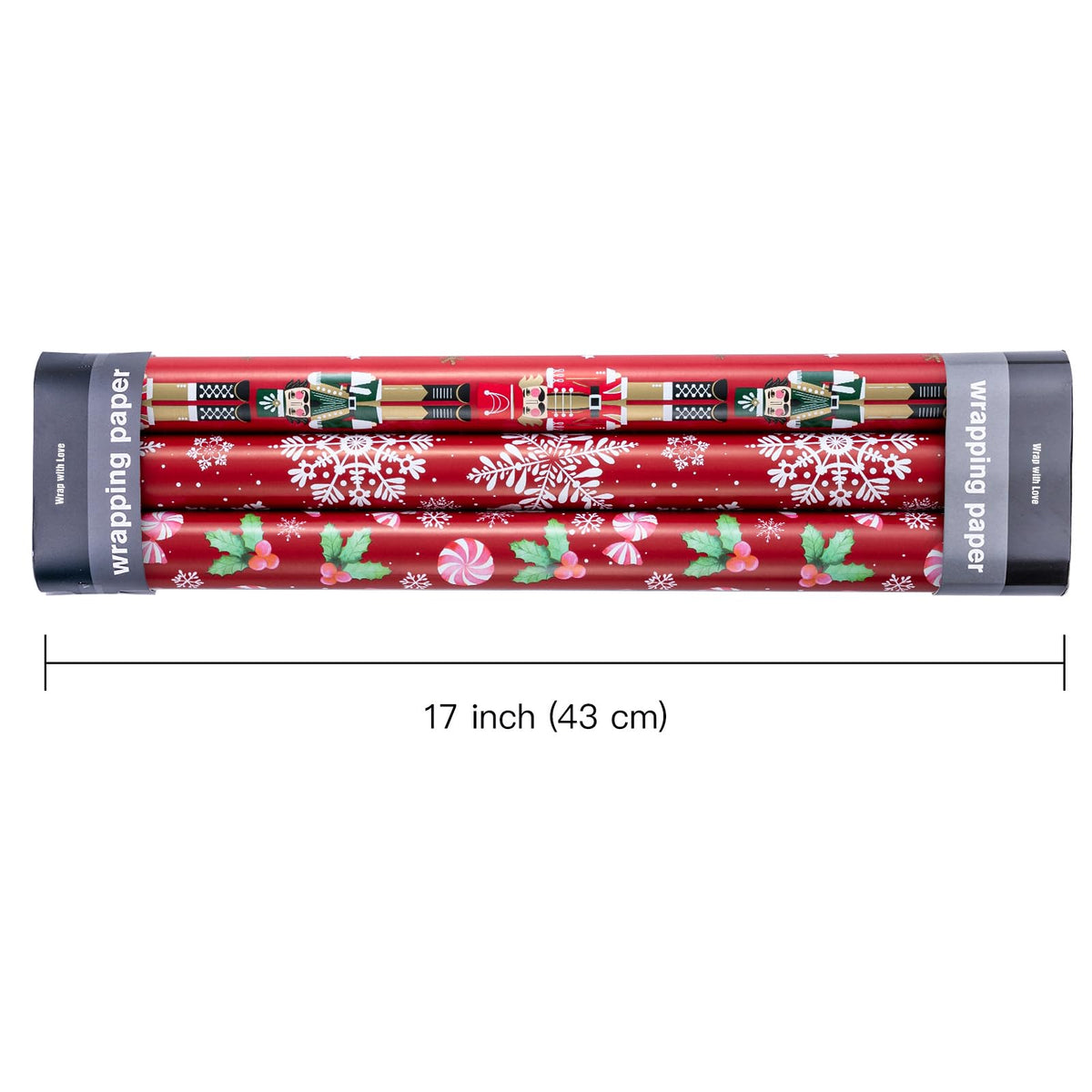 RUSPEPA Christmas Wrapping Paper Roll - Mini Roll - 3 Rolls - 43.2cm x 3m Per Roll - Bird, Christmas Garland, Holly and Pinecones Holiday Design with Metallic Foil Shine