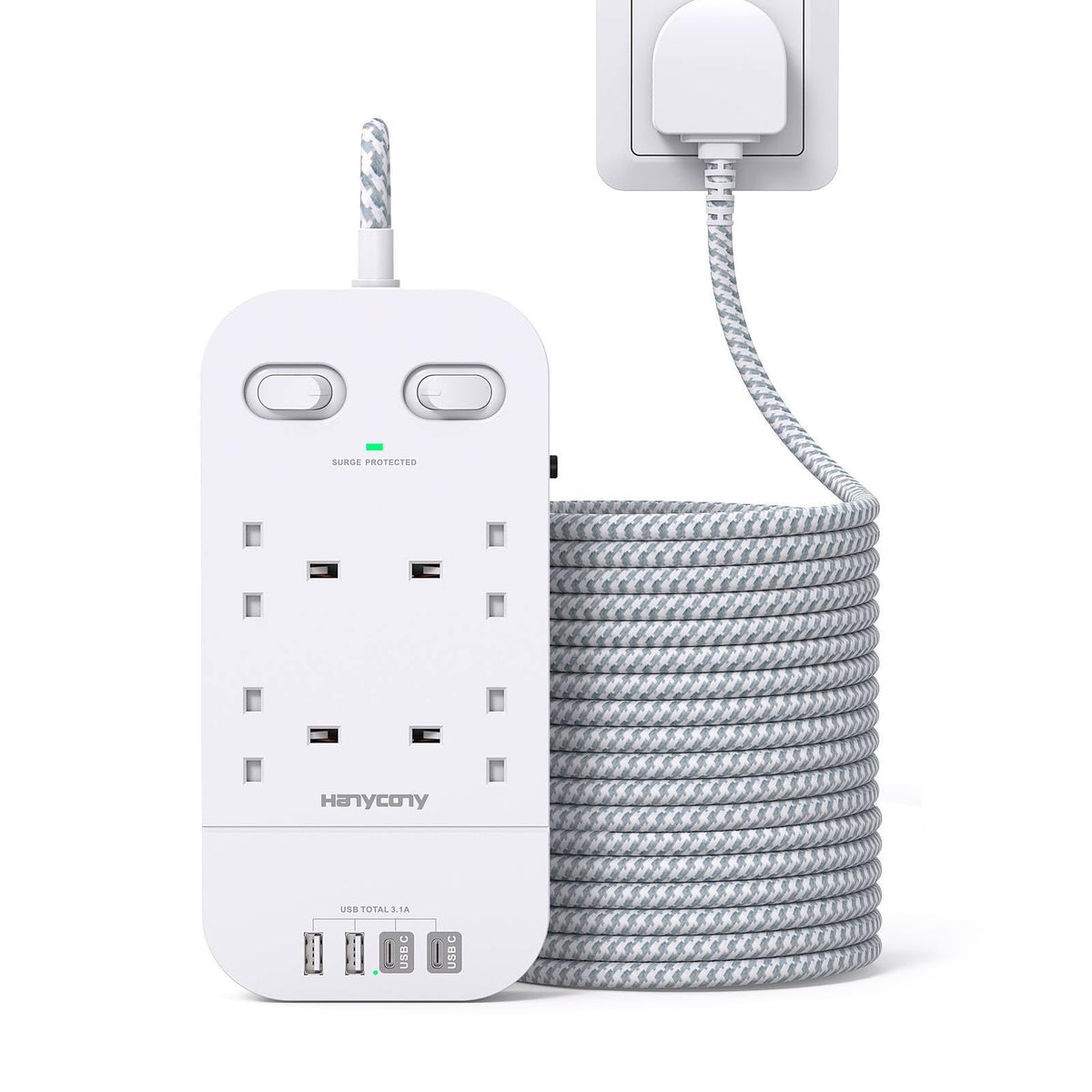 5M Extension Lead Surge Protected, 4 Way Outlets with 2 USB C & 2 USB A