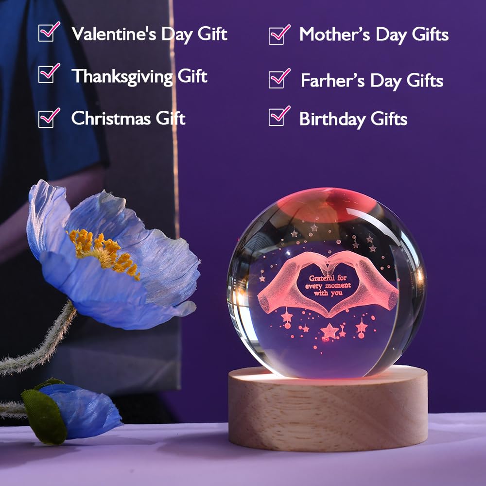 3D Fairy Crystal Ball 60mm Glass Fairy with Flower Night Light Gifts for Girl Women with Light Base