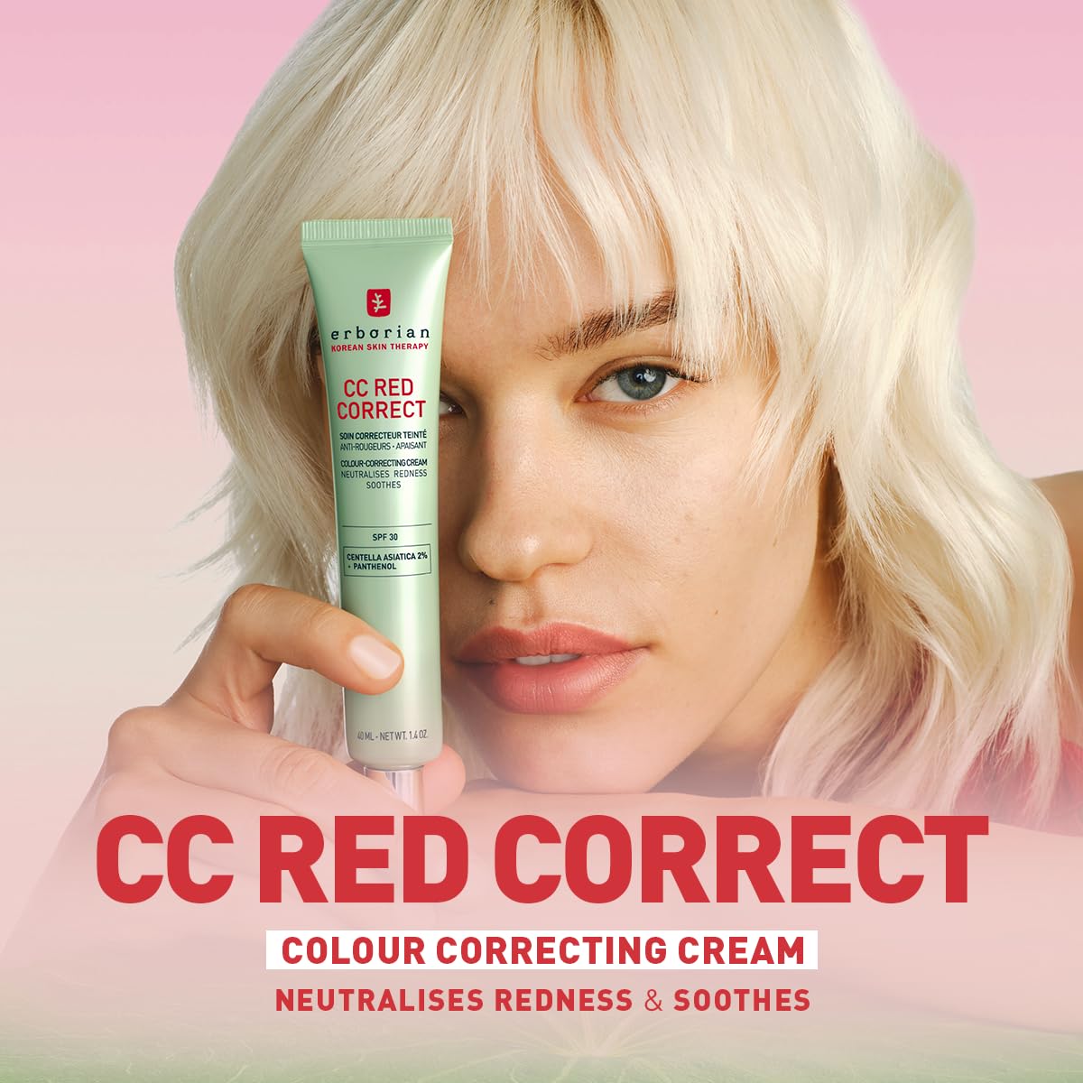 Erborian - CC Red Correct - Anti Redness Tinted Face Cream with Centella Asiatica Panthenol and Bisabolol - Green Neutralizing Shade with SPF 30 - Light Coverage - Korean Cosmetic