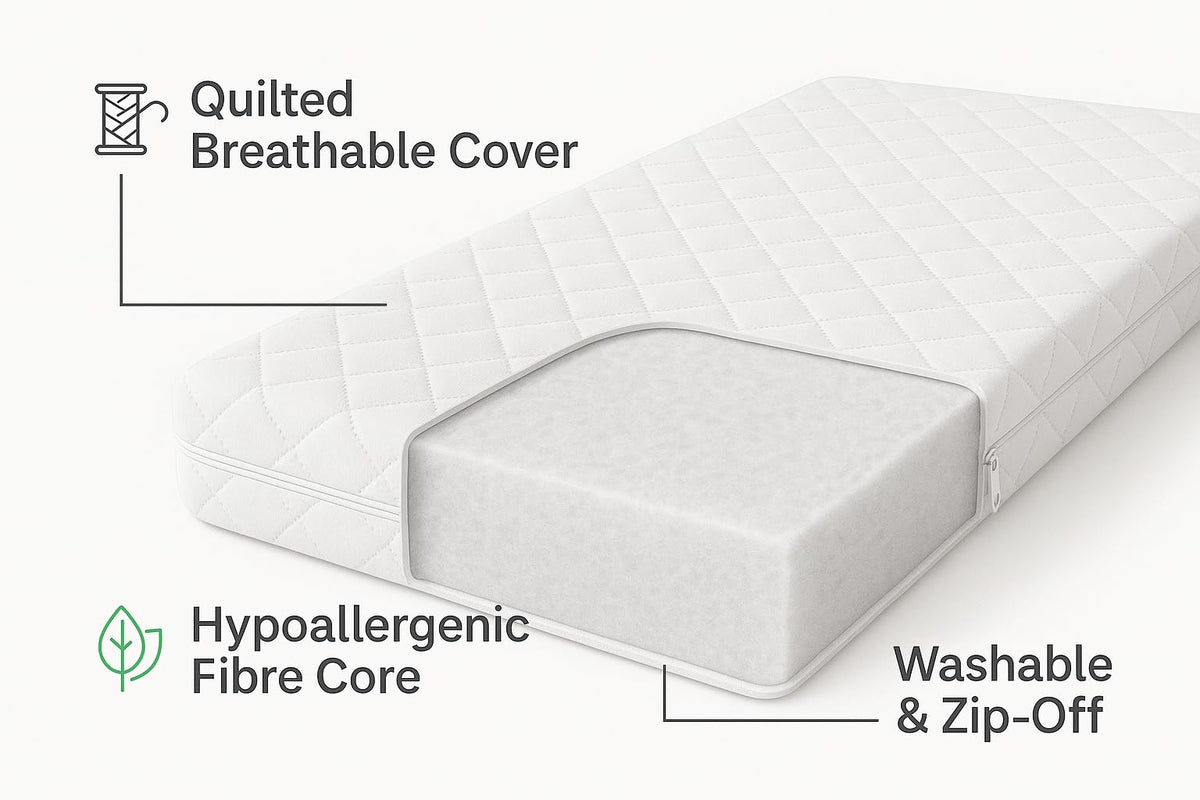 Travel Cot Mattress 95 x 65 x 7.5 cm – Fits Red Kite, Hauck, Graco – Quilted Breathable & Anti-Allergenic Polycotton Cover – Firm Foam Support, Removable Cover – UK Made