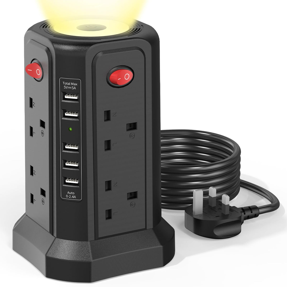 HAFINO Tower Extension Lead 3M with USB Slots and Night Light, 4 Switches
