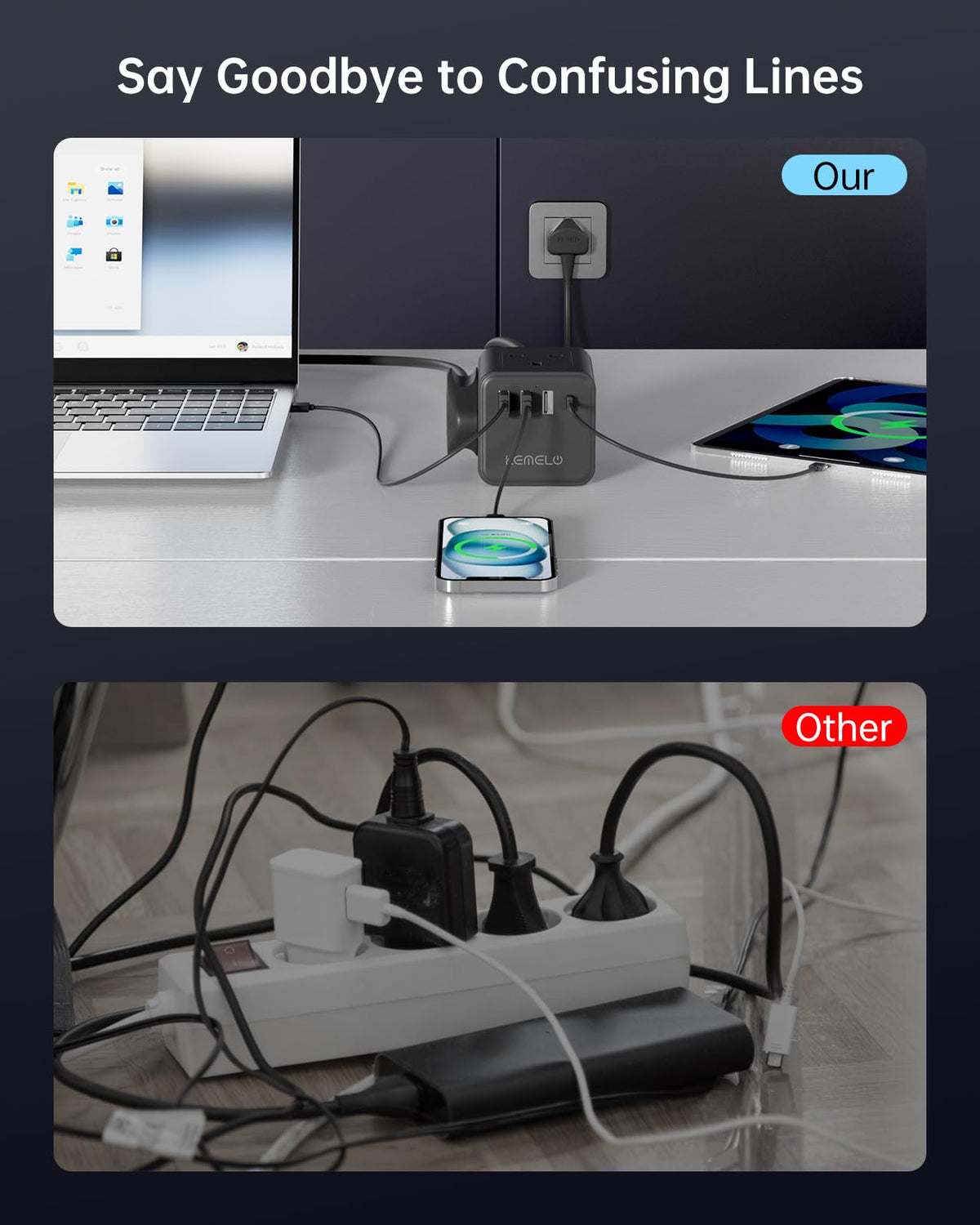 Cube Extension Lead with 4 USB Slots, Kemelo 4 Way (13A/3250W) Multi Plug Extension Cable with Child Safety UK Desktop Power Extension Socket,1.5M Extension Cords for Home Dorm Office Travel, Black