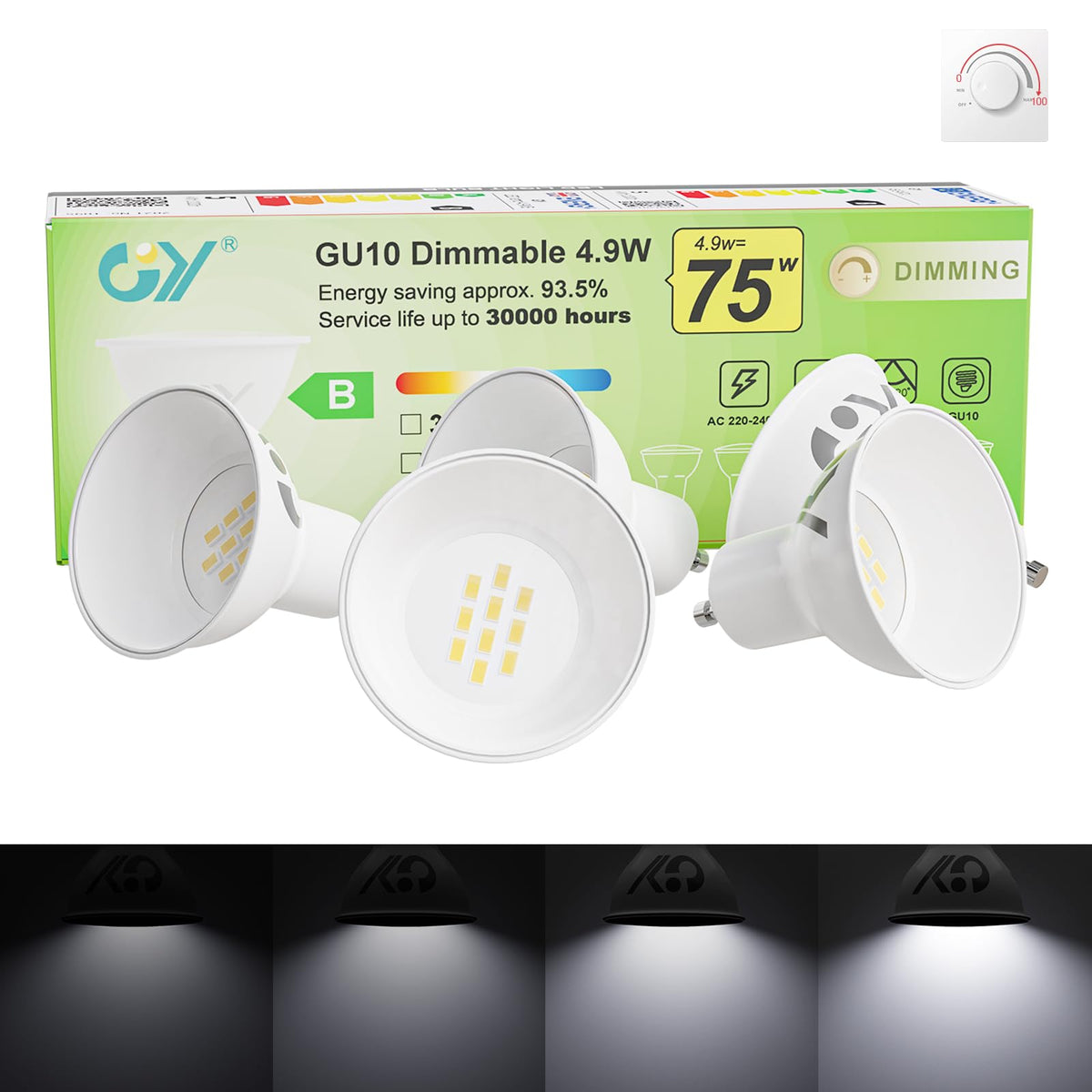 GY GU10 LED Bulb 4.9W 790lm Cool White 6500K Energy Saving LED Bulb, The New UK Energy Efficiency Class B Replaces 80W, 110°Beam Angle Non-Dimmable, 10 Pack