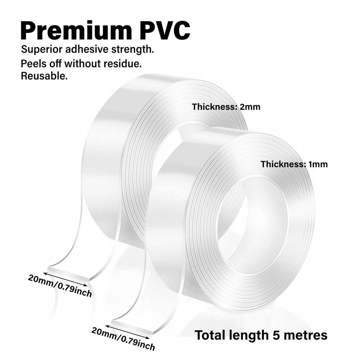 Double Sided Tape Heavy Duty Waterproof,Removable Reusable Multipurpose Clear Adhesive Extra Strong for Carpet Mats/Photos Frames/Craft Wall Mounting (3m*2cm*1mm)