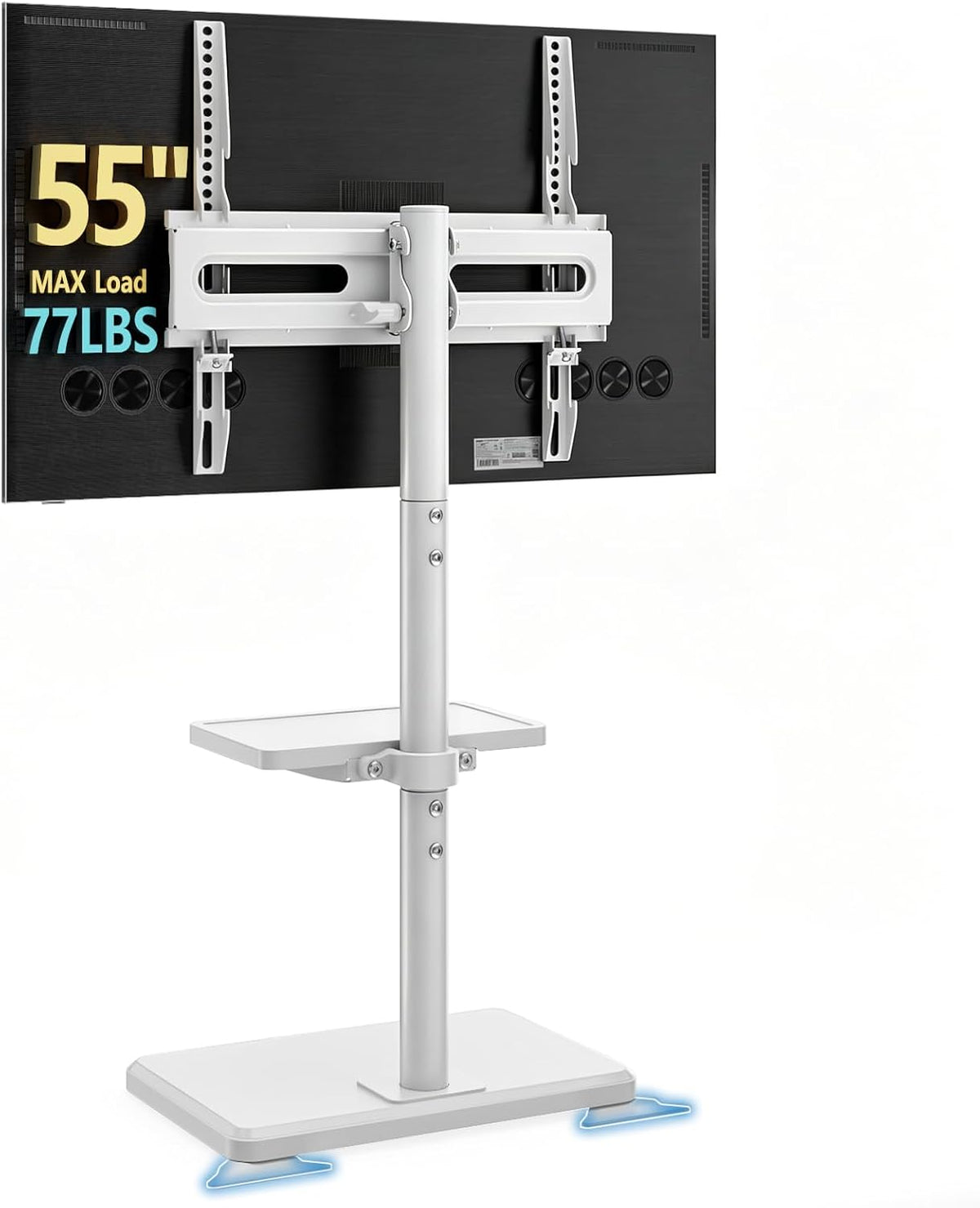Floor TV Stand with Mount for 26-55 inch TVs up to 35 kg, Height Adjustable Swivel Tilt TV Stand with Wood Base & Shelf, Saving Space Design for Bedroom, Living Room and Corner, White