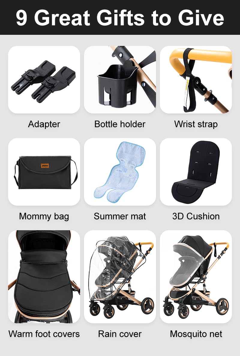 YAZOCO 3 in 1 Prams Travel System, Foldable Lightweight Baby Stroller, Adjustable Handle, Aluminum Frame for Newborn 0-4 Years Changing Bag (530 Black)