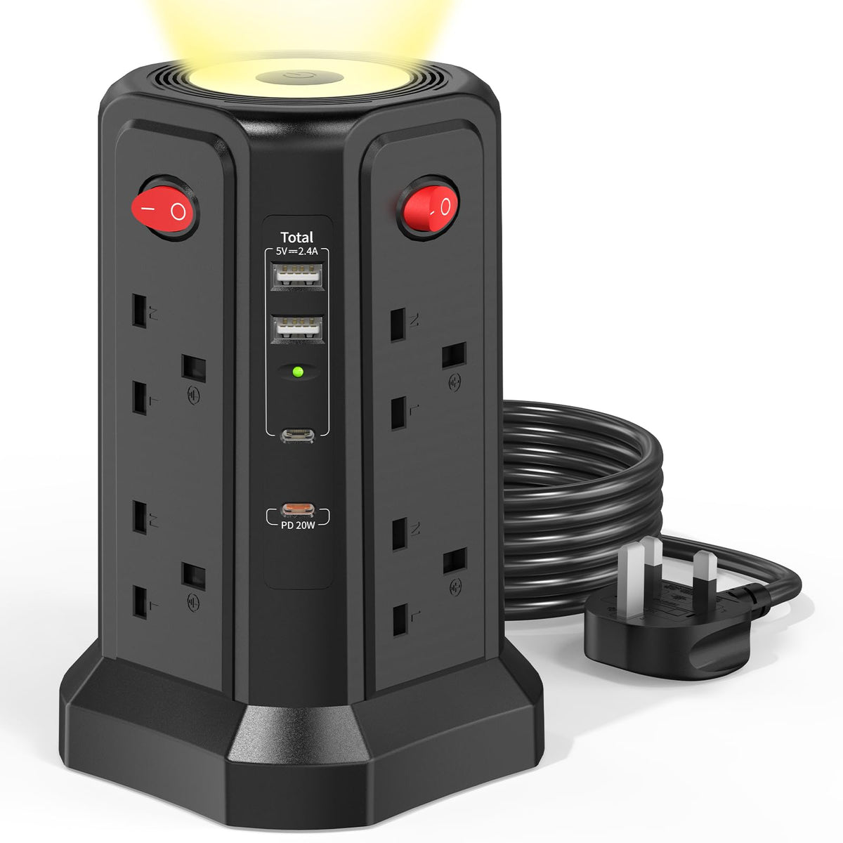 HAFINO Tower Extension Lead 3M with USB Slots and Night Light, 4 Switches