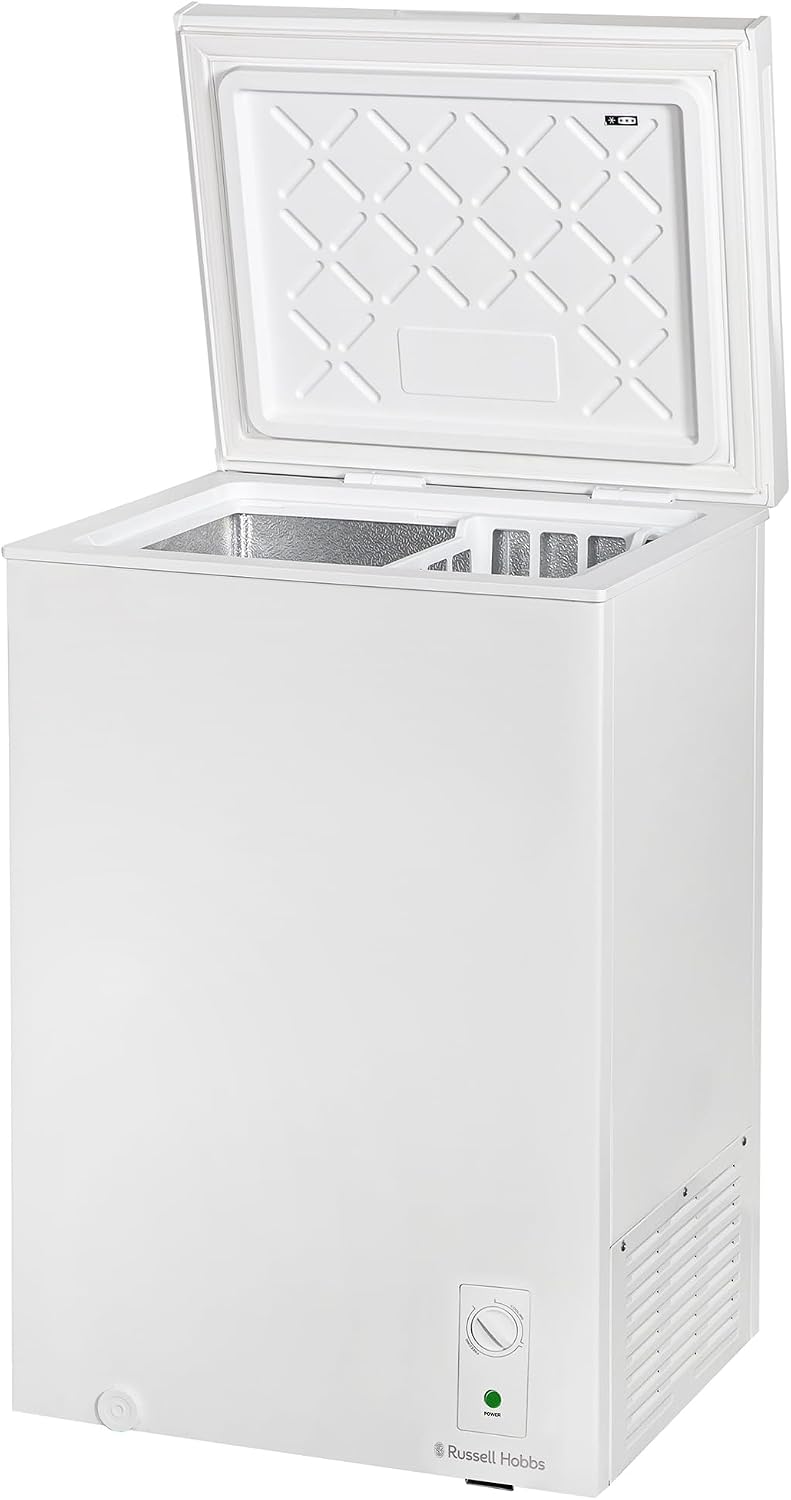 Russell Hobbs White Chest Freezer 143L Freestanding, Adjustable Thermostat, Chill or Freeze Function, 4 Star Freezer Rating & Suitable for Outbuildings & Garages RH142CF0E1W