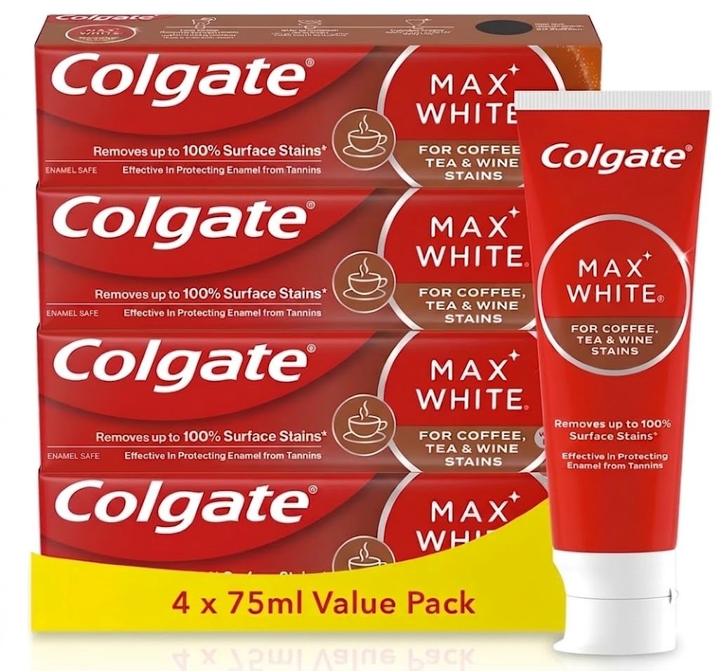 Colgate Max White Purple Reveal Teeth Whitening Toothpaste - Clinically Proven to Remove up to 100% of Surface Stains** - Fluoride Toothpaste - Colgate Multipack - 4 X 75ml