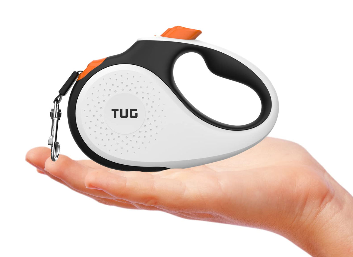TUG 360° Tangle-Free Retractable Dog Lead for Up to 25 kg Dogs | 5 m Strong Nylon Tape | One-Handed Brake, Pause, Lock (Medium, White/Orange)