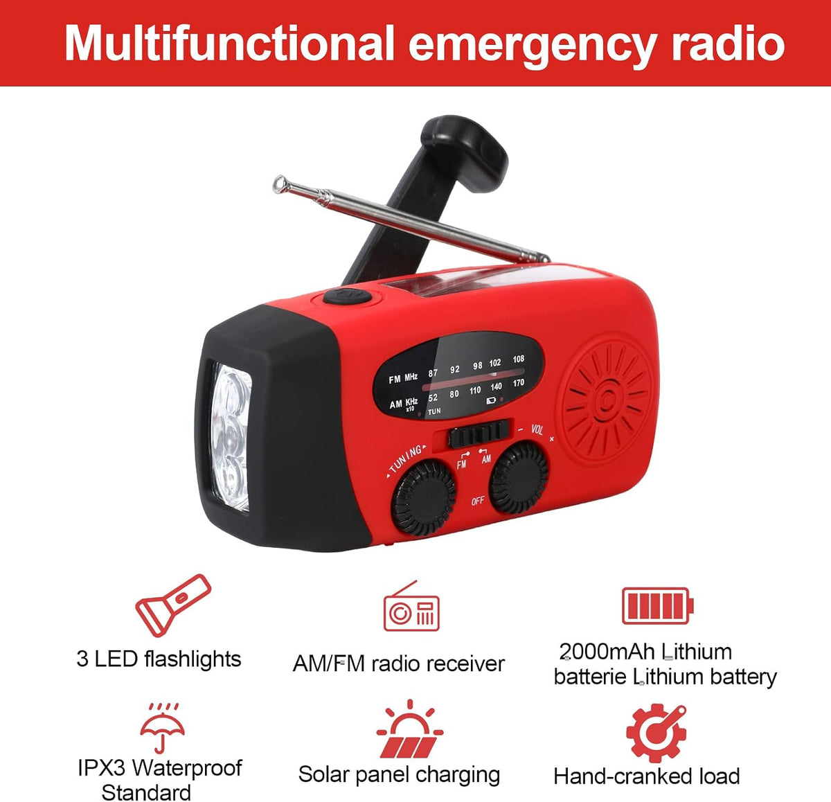 2000mAh Wind Up Solar Hand Crank Emergency Radio | AM/FM Weather Band Radio with LED Torch, SOS Alert & USB Phone Charger for Outdoor Camping Hiking (Black)