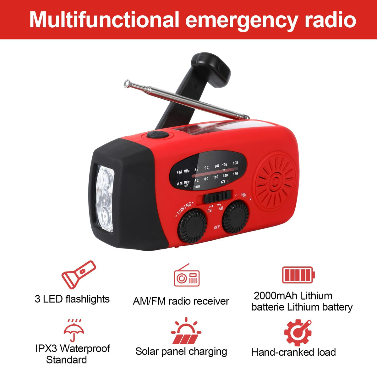 2000mAh Wind Up Solar Hand Crank Emergency Radio | AM/FM Weather Band Radio with LED Torch, SOS Alert & USB Phone Charger for Outdoor Camping Hiking (Black)