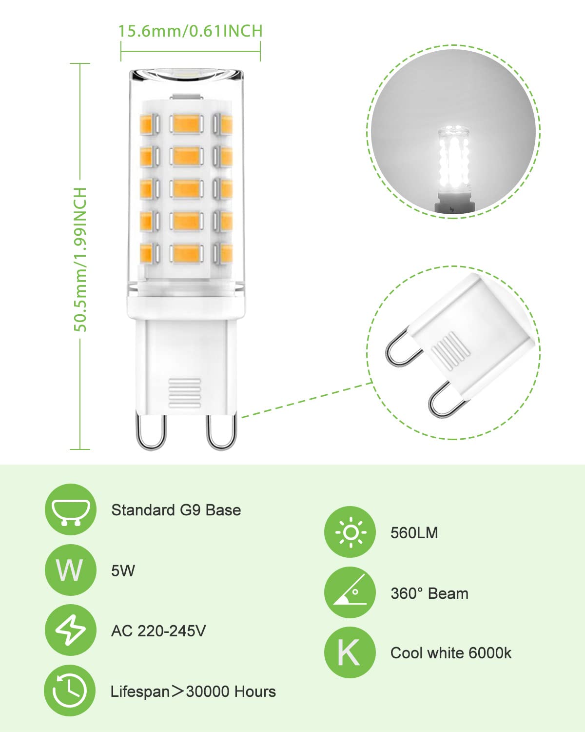 tuare G9 LED Bulbs Dimmable, 3000K G9 LED Bulbs Warm White Dimmable, 5W 560LM G9 LED, Energy Saving G9 LED Bulb Equivalent to 40W Halogen Bulb, No Flicker AC 220-240V for Chandelier, 6 Counts