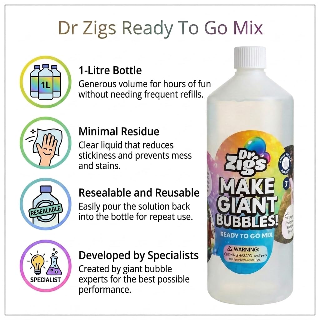 Dr Zigs Giant Bubble Solution 1L - Ready to Use Bubble Mix - Liquid for Giant Bubbles - Eco Friendly Bubble Solution for Kids Outdoor Toys & Garden Play, Made in UK
