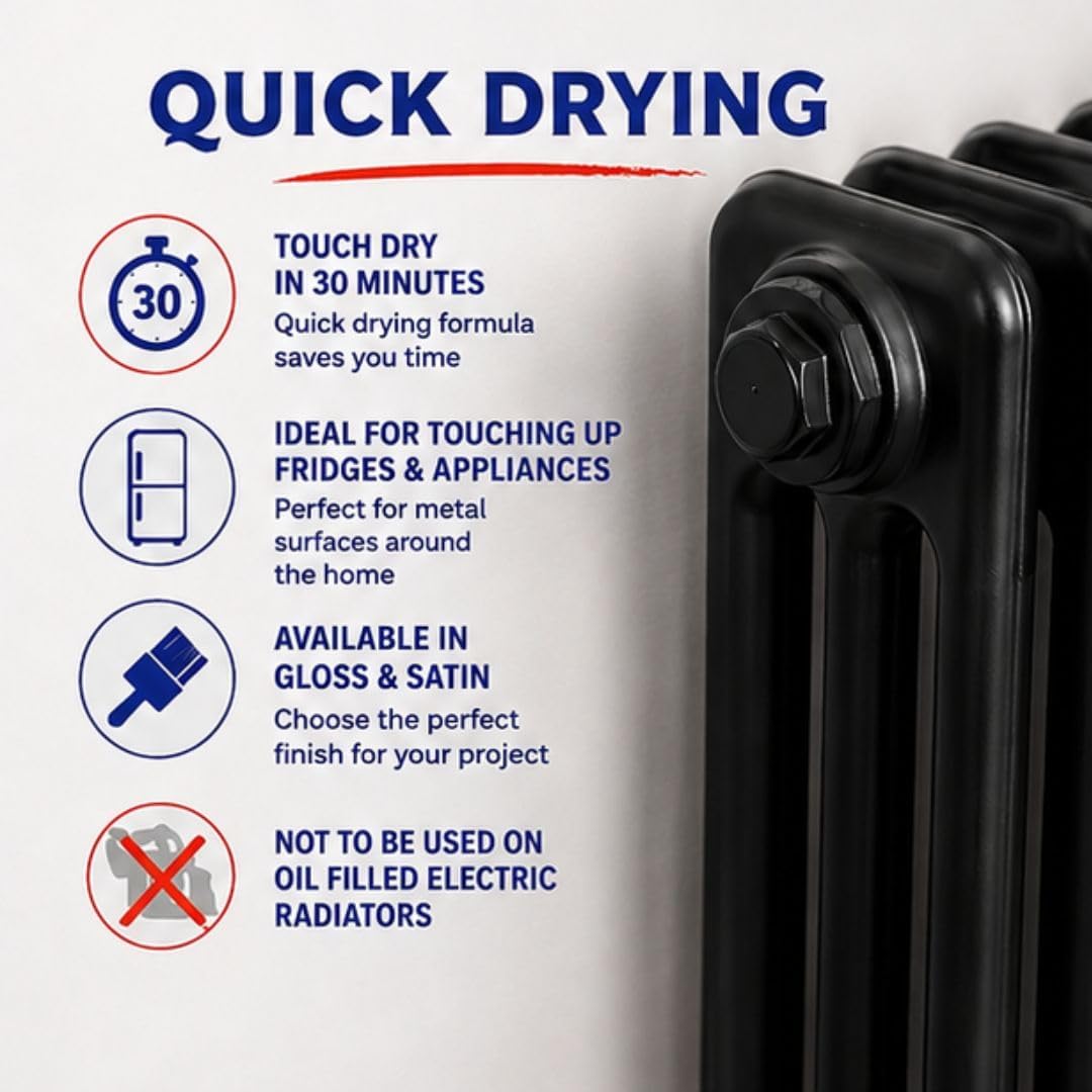 RUSTINS Quick Drying Radiator Enamel Satin - Black 500ml – Durable, Long-Lasting Finish for Radiators That Stands the Test of Time