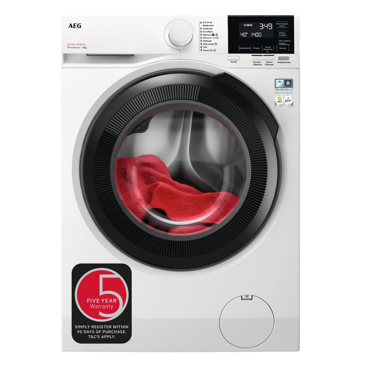 AEG 6000 Series Washing Machine 8kg LFR61844B, ProSense, TimeSave, Extra-Quick, Freestanding Washing Machine, 8kg Load, 1400rpm Spin, Inverter Motor+, Energy Rating A, White