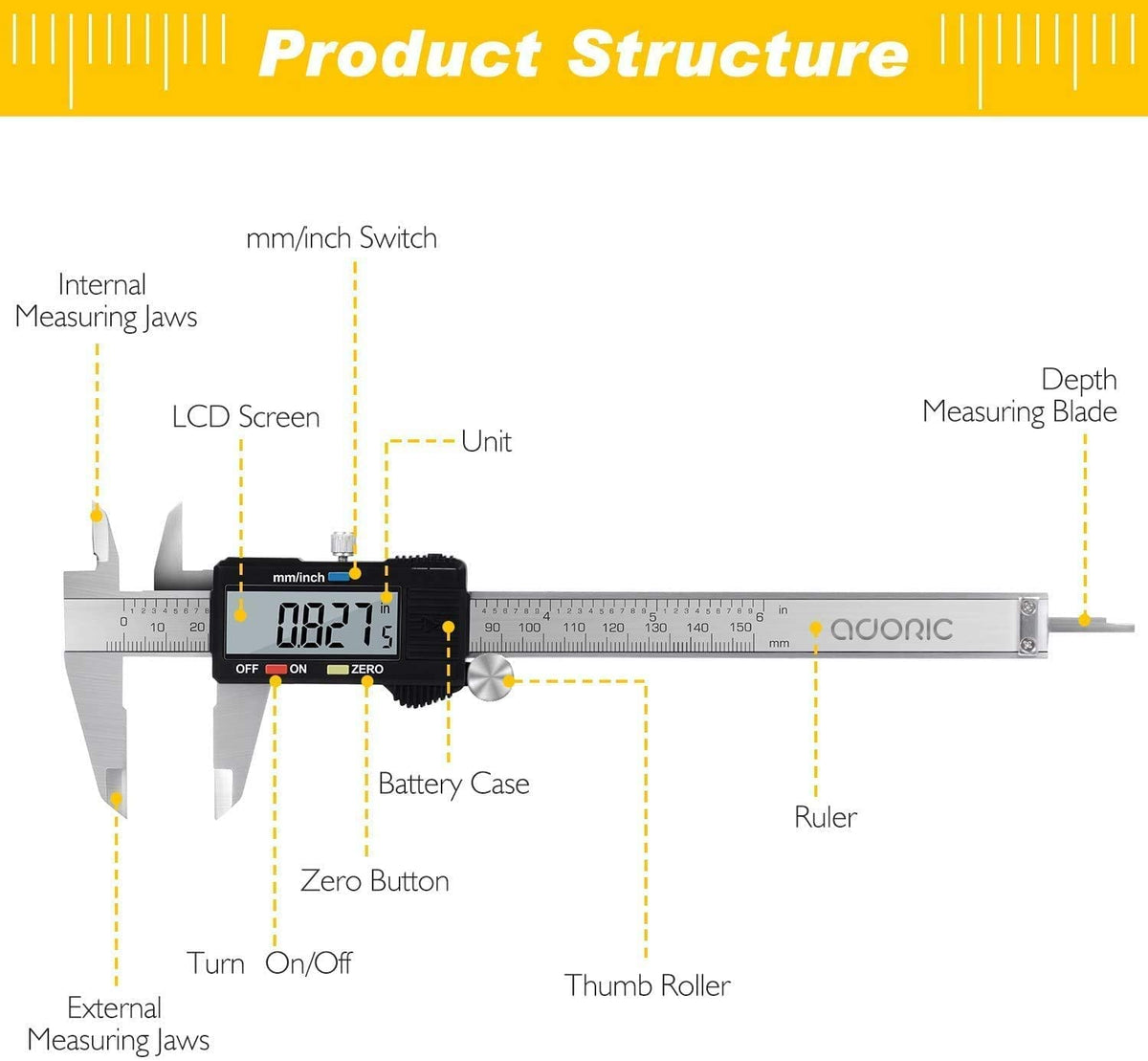Digital Vernier Caliper, Adoric 6 Inch/150mm Calipers Measuring Tool