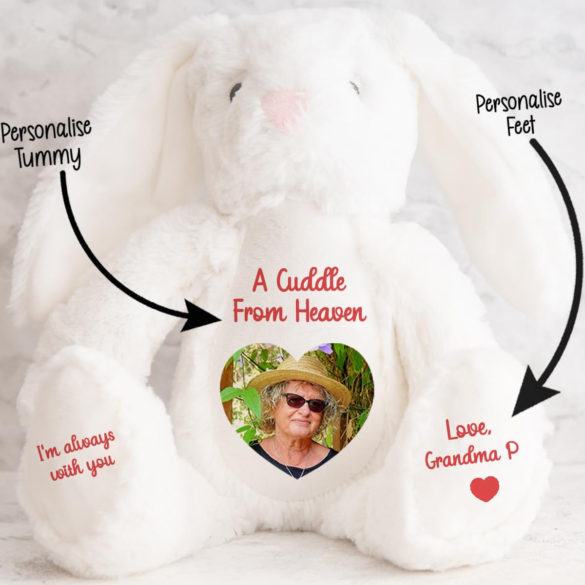 Personalised Memory Teddy Bear with Heart-Shaped Photo – “A Cuddle From Heaven” Keepsake Gift – 28 Bear Styles – Add Your Text & Choose Colour – Custom Memorial Bear (White Angel Teddy)