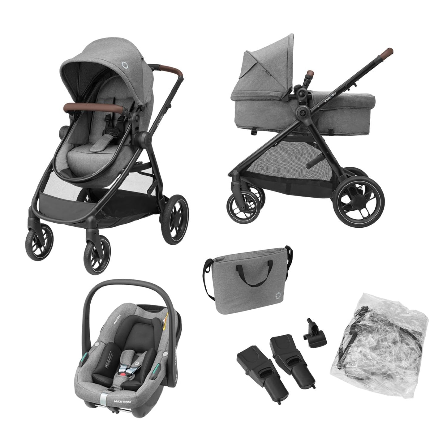 Maxi COSI Zelia Select Trio, Baby Stroller 3 in 1 with Car Seat, 0-4 Years (0-22 kg), One-Hand Fold, Compact and Reversible Pushchair Travel System, with CabrioFix S i-Size Baby Car Seat, Grey
