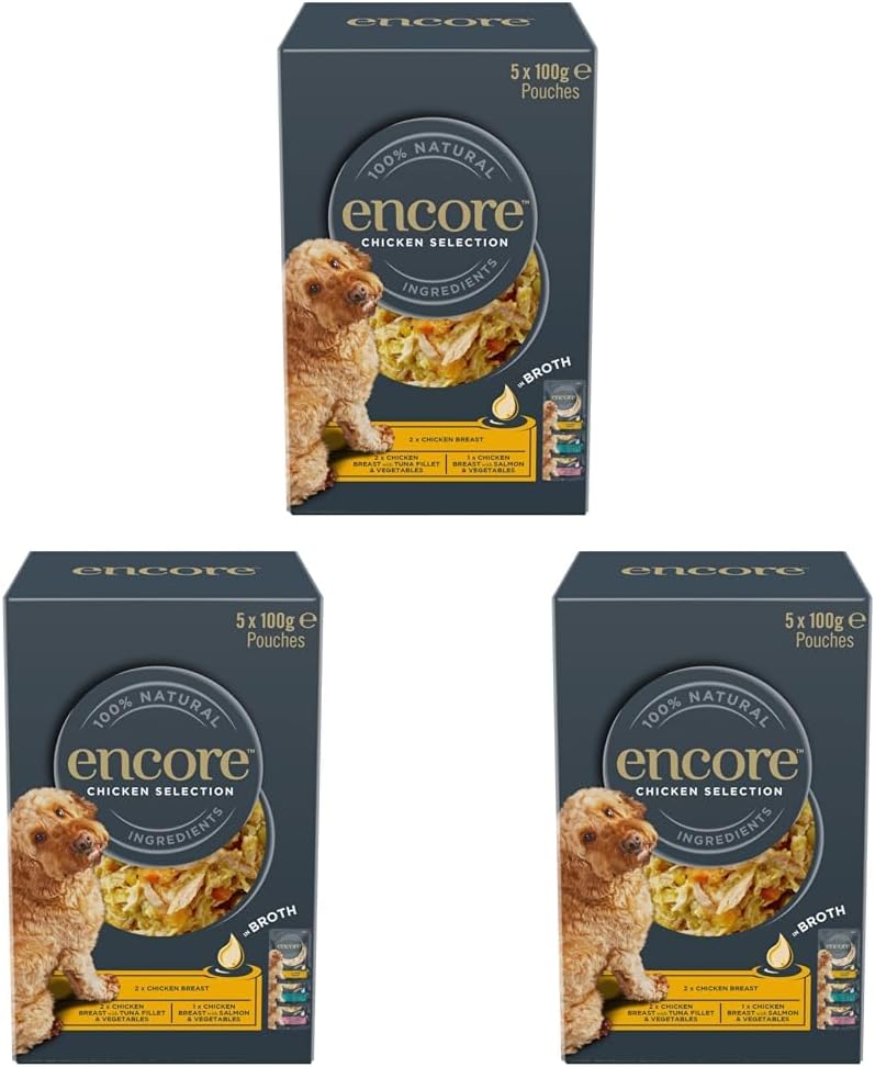 Encore 100% Natural Wet Dog Food, Chicken with Fish Selection in Broth 100g Pouch (Pack of 15x100g)