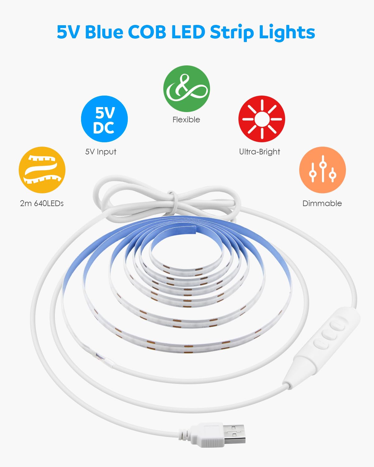 Aclorol 3M COB LED Strip Light Warm White 3000K 5V USB Flexible LED Light Strip 8mm Width Dimmable CRI85+ Dotless Tape Light High Density 320LEDs/M for Bedroom Kitchen Under Cabinet Home Decor