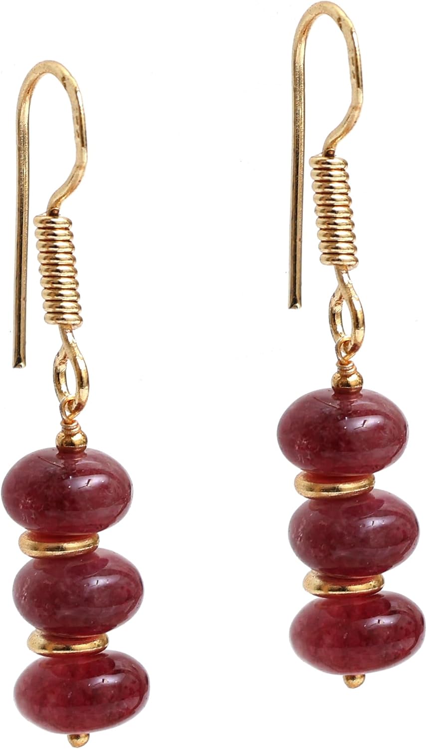 Gempires Natural Gemstone Rondelle Bead Earrings for Women | 8mm Beaded Drop Dangle Earrings | Gold Plated Hypoallergenic Hook Jewelry | Handmade Lightweight Crystal Earrings