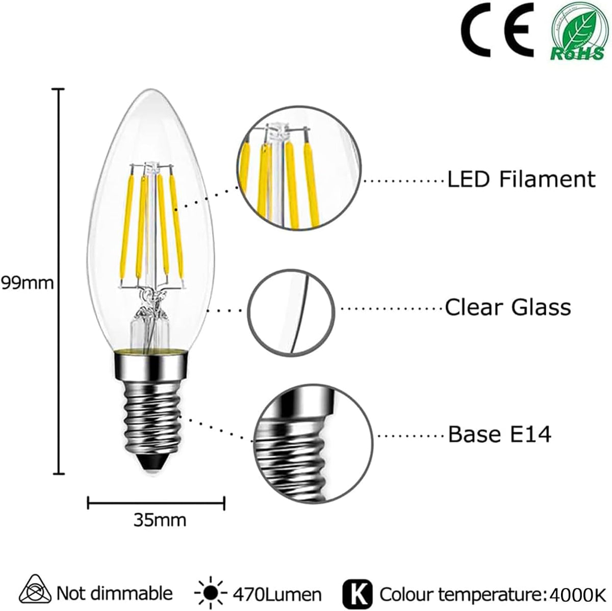 Levidon E14 LED Candle Light Bulbs, Small Edison Screw (SES) 2700K Warm White Clear Filament - Pack of 6