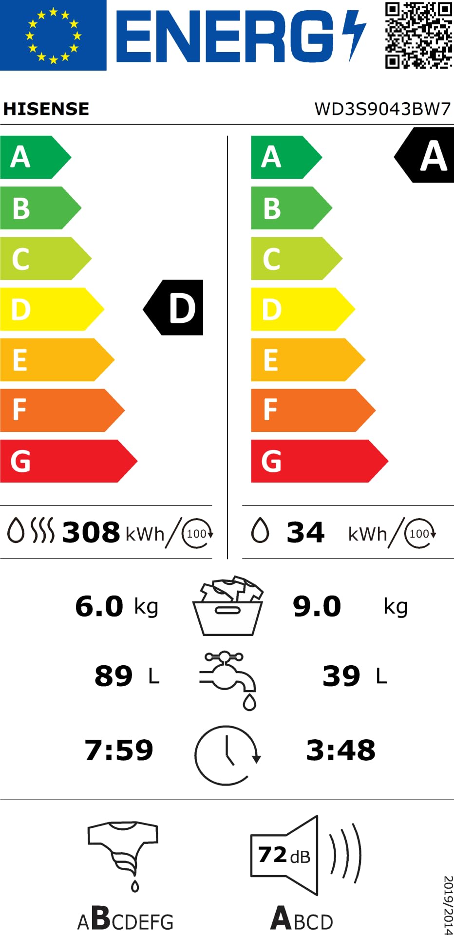Hisense 3S Series WD3S8043BB3 Wifi Connected 8Kg and 5Kg Washer Dryer with 1400 rpm - Black - A-D Rated