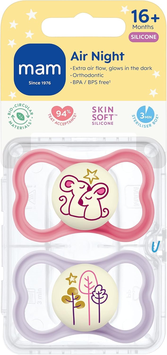 MAM Perfect Dummies, 18-36M, 2 Pack, Orthodontic Design, Pink/Purple