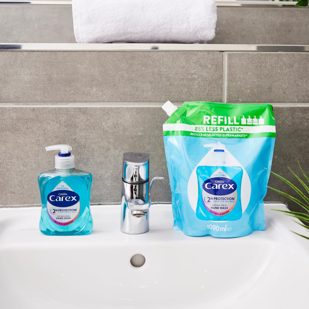 Carex 2 Hour Protection Antibacterial Moisture Hand Wash Refills, Liquid Hand Soap Eco Refill for Homes & Businesses, Caring Hand Wash, Bulk Buy, Pack of 3 x 1 litre