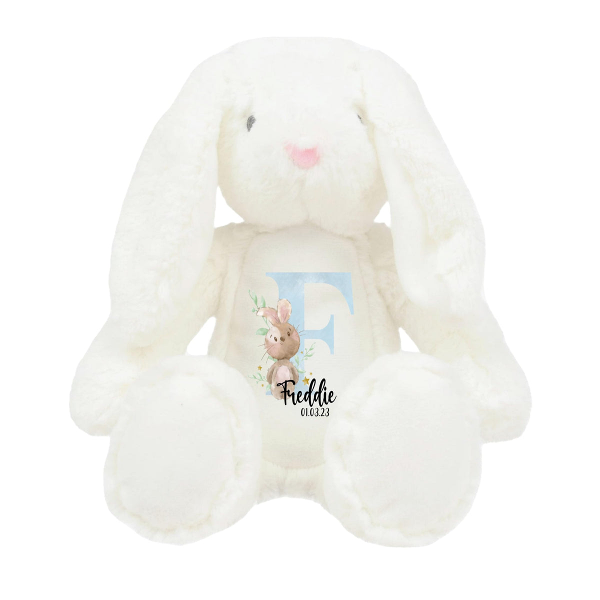 Crafted Memories - Personalised Teddy | Velveteen Bunny Soft Toy | Customisable Name for Newborns | Keepsake for Boys & Girls | Baby Shower Item | Pink Initial | Grey or White, 20-23cm