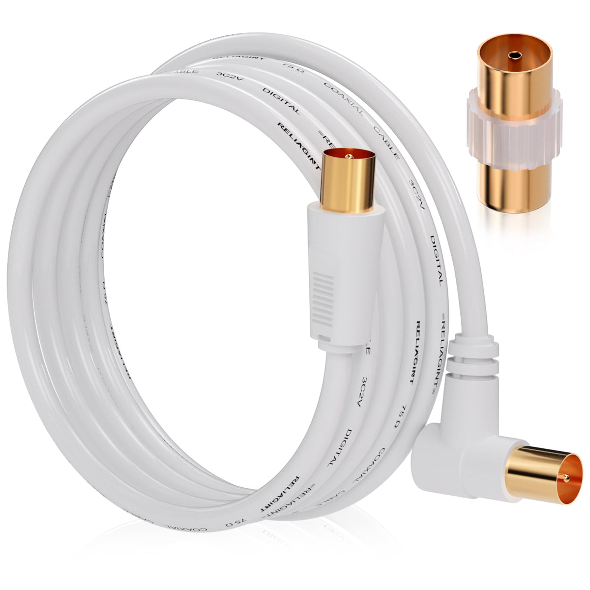 TV Aerial Cable 1m, 75 Ohm Coaxial Lead, IEC 9.5mm Male to Male 3C2V Pure Copper Dual Shielded, Right-Angle Connector, Female to Female Adaptor Included, Black