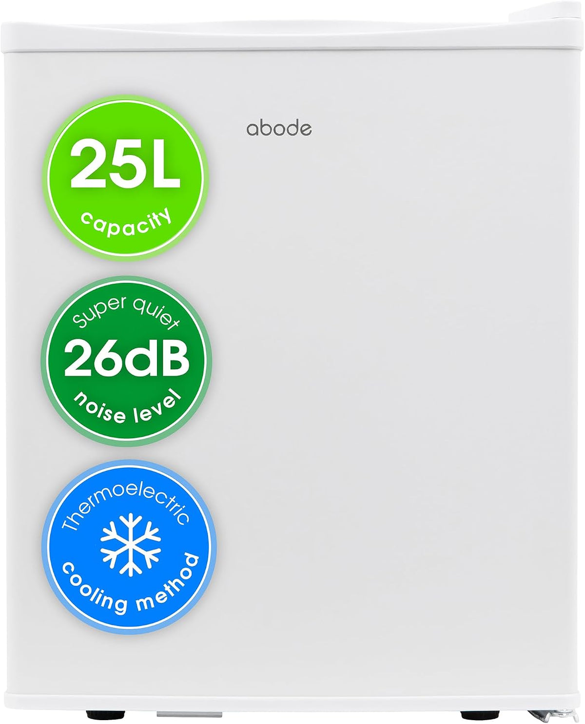 Abode Quiet Mini Cooler 25L Thermoelectric for Drinks with Adjustable Thermostat, Portable in White, Compact For Bedroom, Home, Caravan with Reversible Door A25THBC102W