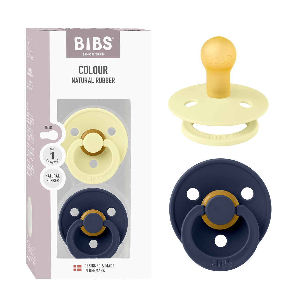 BIBS Colour Soother 2-Pack, BPA Free Dummy Pacifier, Round Nipple. Natural Rubber Latex, Made in Denmark, Size 2 (6-18 Months), Baby Blue