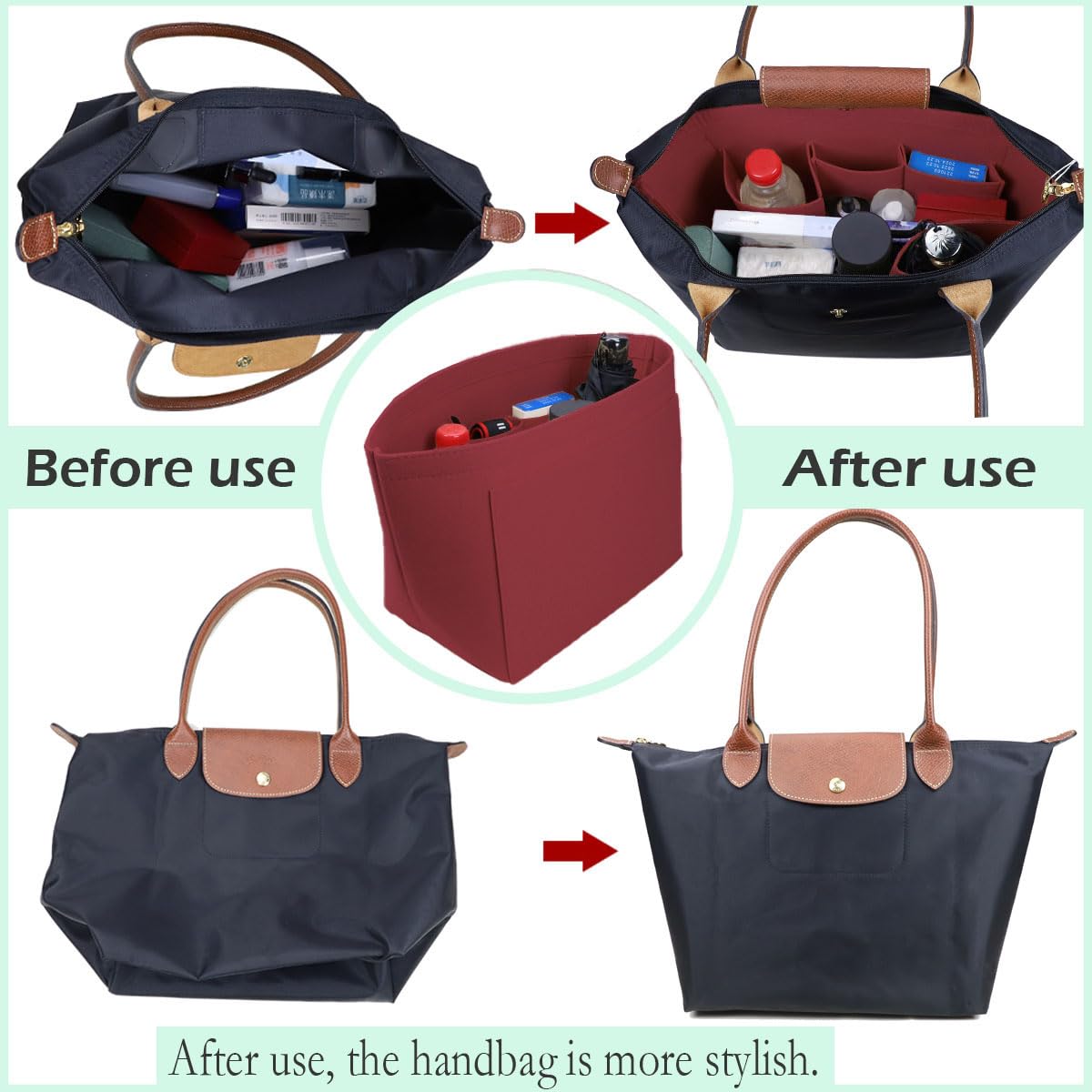 Lckaey tote bag organizer insert for Longchamp le pliage large tote insert felt purse zipper bag organizer 1028pink-S