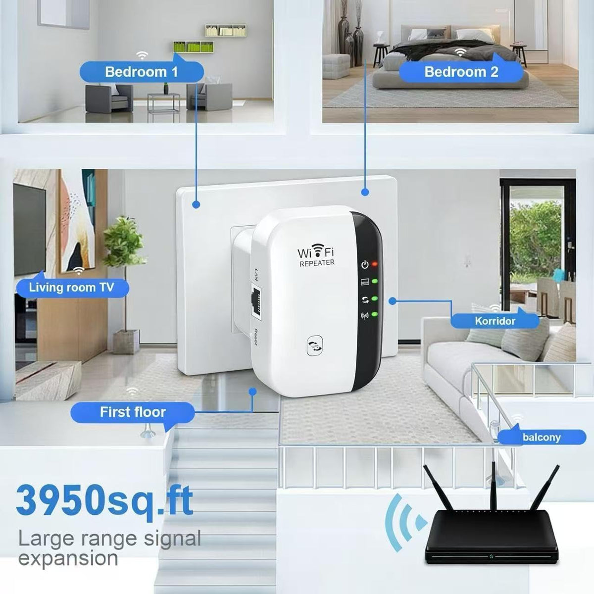 WiFi Extender Booster WiFi Repeater, Wireless Signal Booster for Home - Covers 3950 Sq.ft & 45 Devices, Internet Booster with Ethernet Port UK Plug
