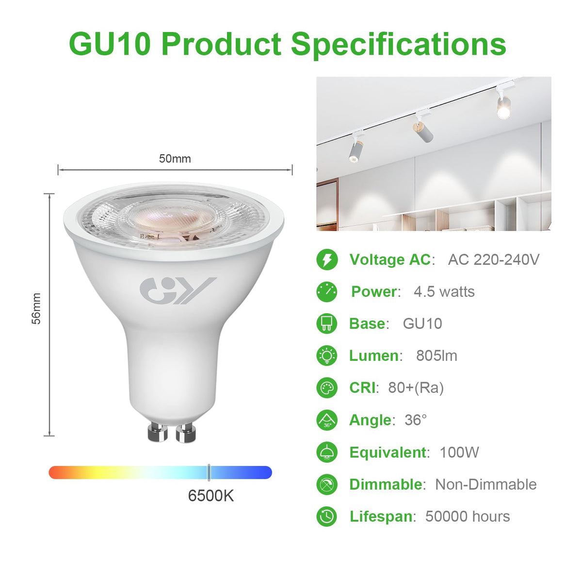 GY GU10 LED Bulb 4.9W 790lm Cool White 6500K Energy Saving LED Bulb, The New UK Energy Efficiency Class B Replaces 80W, 110°Beam Angle Non-Dimmable, 10 Pack